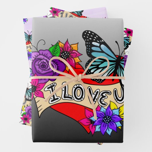 Ich Liebe Sie | Herz, Rose und Schmetterlinge Geschenkpapier Set (Beispiel)