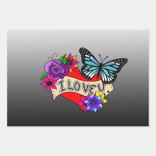 Ich Liebe Sie | Herz, Rose und Schmetterlinge Geschenkpapier Set (Vorderseite)