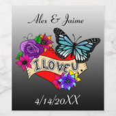 Ich Liebe Sie | Herz, Rose und Schmetterlinge Weinetikett (Einzelnes Label)