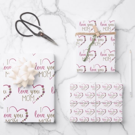 Ich Liebe Sie Mama Zitat Rosa Glitzer Herz Geschenkpapier Set (Vorderseite)