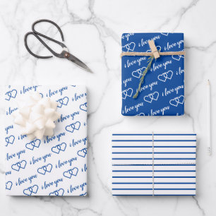 Ich Liebe Sie Valentine Blue Hearpes Streifen Geschenkpapier Set