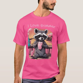 Ich liebe Sommer-Waschbär auf der Strandpromenade T-Shirt