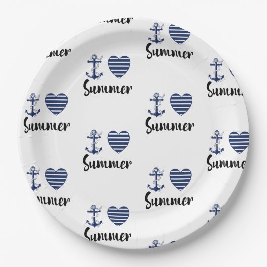 Ich Liebe Sommeranker und gestreifte Herzen Pappteller (Vorderseite)