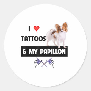Ich Liebe Tattoos und mein Papillon Hund Mama Vate Runder Aufkleber