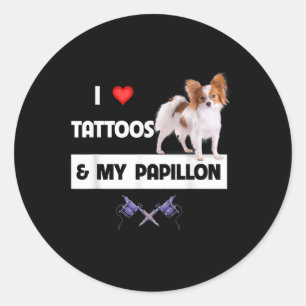 Ich Liebe Tattoos und mein Papillon Hund Mama Vate Runder Aufkleber