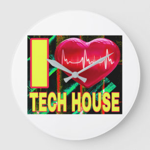 ICH LIEBE TECH HOUSE ROTES HERZ GELBE SCHRIFTARTEN GROßE WANDUHR