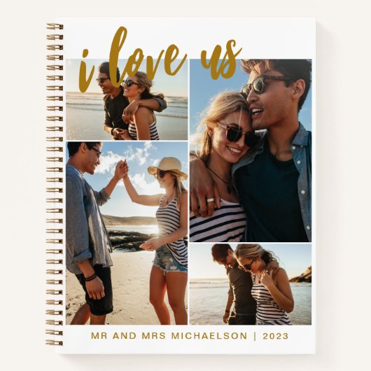 Ich Liebe uns Script Foto Collage Gold und White Notizblock (Vorderseite)
