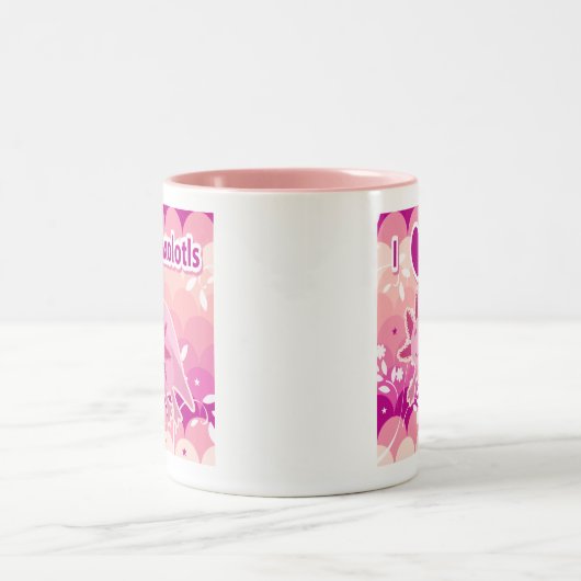 "Ich LiebeAxolotls" rosa Axolotl-Entwurf Zweifarbige Tasse (Mittel)