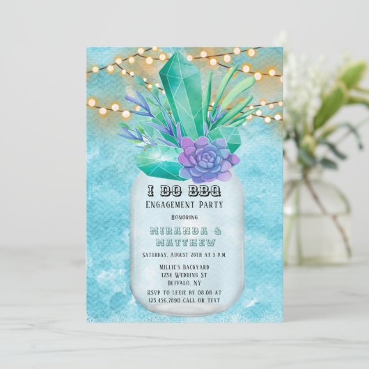Ich mache GRILLEN Aquamarin Lights Mason Jar Engag Einladung (Stehend Vorderseite)