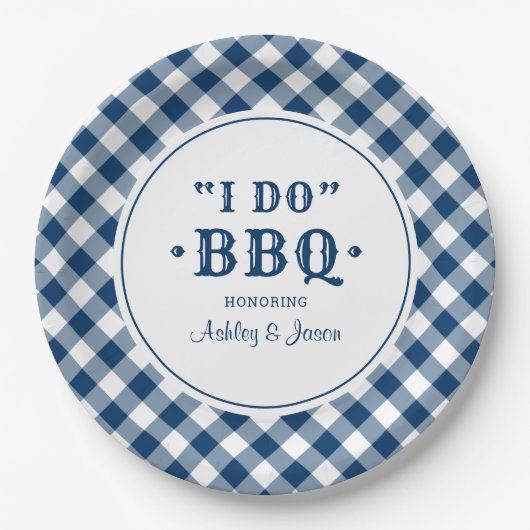 Ich mache GRILLEN Navy Gingham Custom Wedding Mono Pappteller (Vorderseite)
