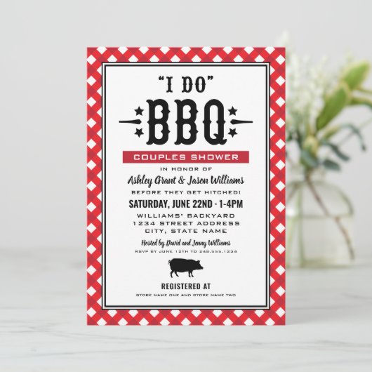 Ich mache GRILLEN Red Gingham Wedding Couples Dusc Einladung (Stehend Vorderseite)
