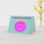 Ich machte meine erste Kommunion groß rosa Karte (Gelbe Blume)