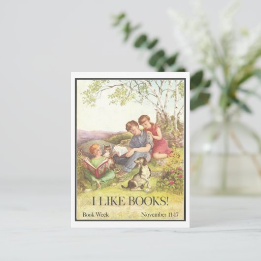 "Ich mag Bücher" Vintages Bibliothekspenster Postkarte (Stehend Vorderseite)