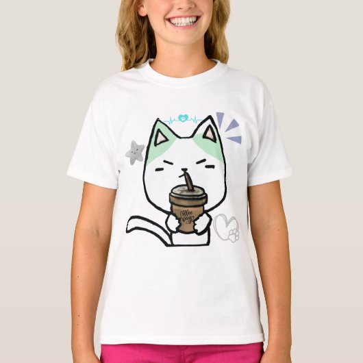 Ich mag Kaffee echt Niedliche Katze T-Shirt (Vorderseite)