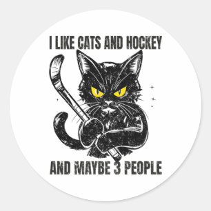 Ich mag Katzen und Hockey und vielleicht 3 Leute  Runder Aufkleber
