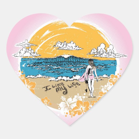 "Ich mag mein Leben" Strandmädchen-Aufkleber Herz-Aufkleber (Vorderseite)