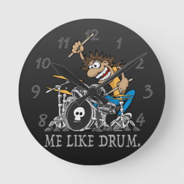Ich mag Trommelfell. Wild Drummer Cartoon Illustra Runde Wanduhr