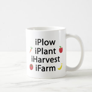 Ich pflüge Pflanzenerntebauernhof mit Früchten Kaffeetasse