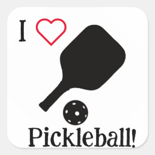 Ich ❤️ Pickleball in schwarz, weiß und rot. Quadratischer Aufkleber