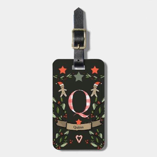 Ich reise für Weihnachts-Monogramm "Q" mit Namen Gepäckanhänger (Vorderseite vertikal)