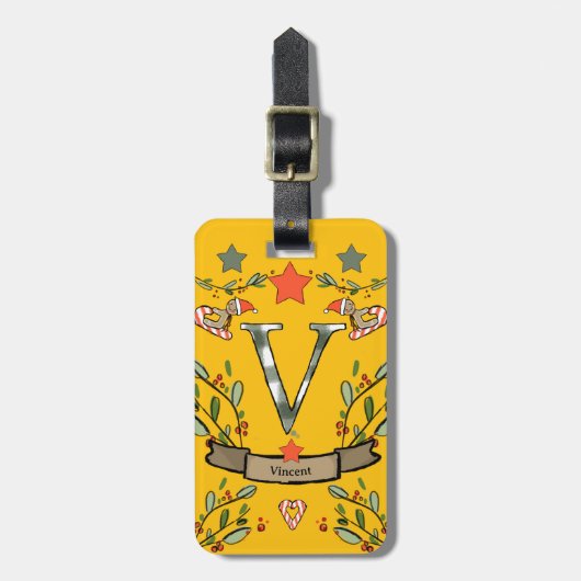 Ich reise für Weihnachts-Monogramm "V" mit Namen Gepäckanhänger (Vorderseite vertikal)