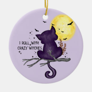 Ich Roll mit verrückten Hexen - Schwarze Katze & V Keramik Ornament