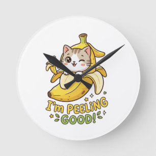 Ich schäle gut - Lustiger Kawaii-Bananen-Katzen-Wo Runde Wanduhr