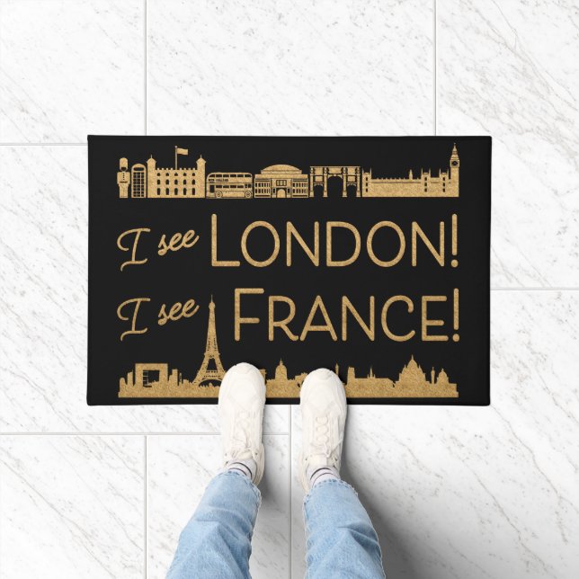 Ich sehe London I See France Gold & Black Funny Fußmatte (Indoor)