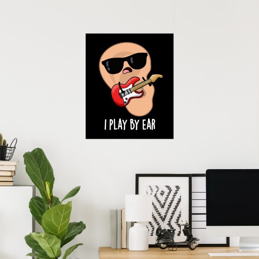 Ich spiele mit Ohr Funny Guitar Musician Puck Dark Poster (Heimbüro)