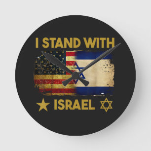 Ich stehe hinter Israel Amerika Flagge Runde Wanduhr
