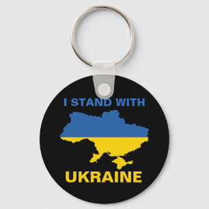 Ich stehe mit ukrainischer Flagge und Karte Schlüsselanhänger