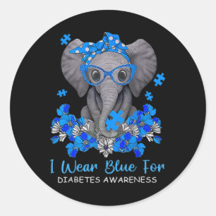 Ich trage Blau für Diabetes-Bewusstsein Elephant W Runder Aufkleber