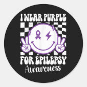 Ich trage Lila für Epilepsie Awareness Smile Face Runder Aufkleber (Vorderseite)