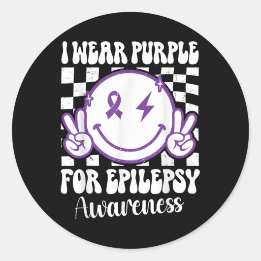 Ich trage Lila für Epilepsie Awareness Smile Face Runder Aufkleber (Vorderseite)