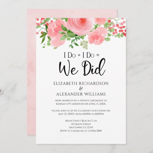 Ich tu = Wir haben die Hochzeit mit rosa Flora bee Einladung (Vorne/Hinten)