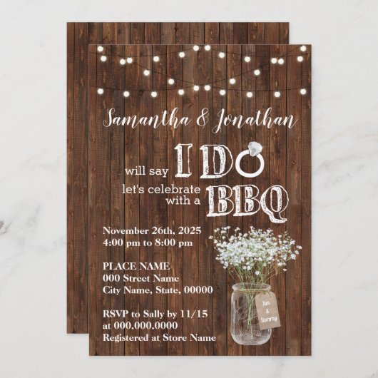 Ich tue Grillen Polterabend Babys Atem rustikal Einladung (Vorne/Hinten)