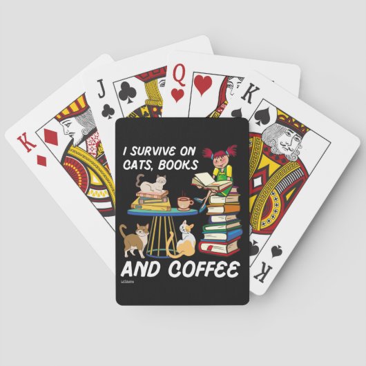 ICH ÜBERLEBE AUF KATZEN, BÜCHER UND KAFFEE lustige Spielkarten (Rückseite)