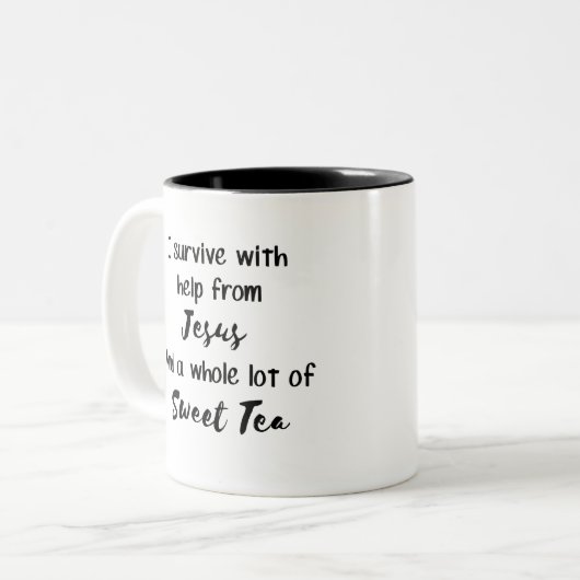 Ich überlebe mit Jesus und süßem Tee Zweifarbige Tasse (Vorderseite Links)