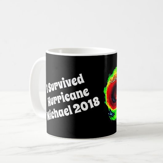 "Ich überlebte Michael 2018" u. Hurrikan-Radar Kaffeetasse (Vorderseite Links)