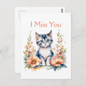 Ich vermisse dich | Graue Kätzchen in rosa Blume Postkarte (Vorne/Hinten)