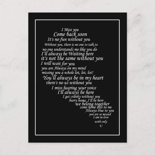 Ich vermisse dir Text im Herzen Postkarte (Vorderseite)