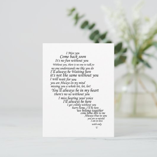 Ich vermisse dir Text im Herzen Postkarte (Stehend Vorderseite)