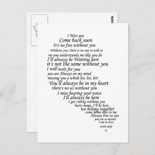 Ich vermisse dir Text im Herzen Postkarte (Vorne/Hinten)