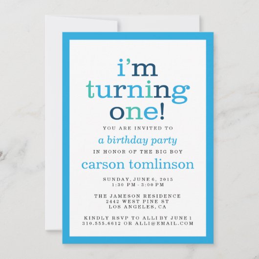 Ich wende mich an eins! Blue Modern First Birthday Einladung (Vorderseite)