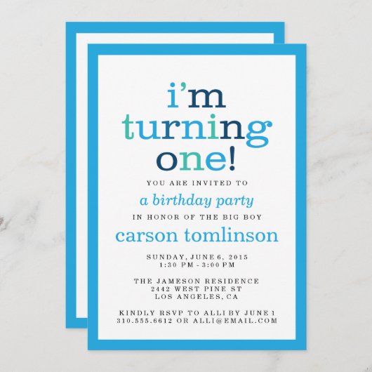 Ich wende mich an eins! Blue Modern First Birthday Einladung (Vorne/Hinten)