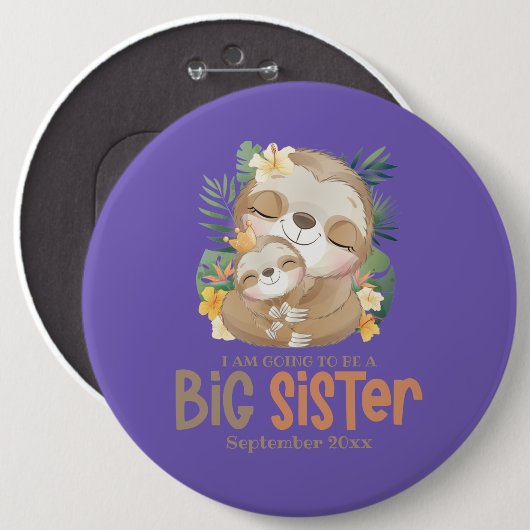 Ich werde eine große Schwester Sloth Ankündigung w Button (Vorne & Hinten)