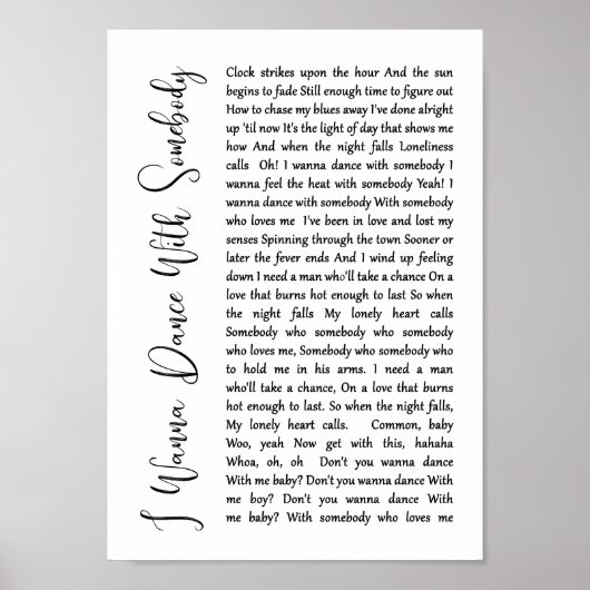 Ich will mit jemandem mit einem weißen Script-Song Poster (Vorne)