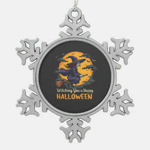 Ich wünsche dir eine glückliche Halloween-Hexe auf Schneeflocken Zinn-Ornament