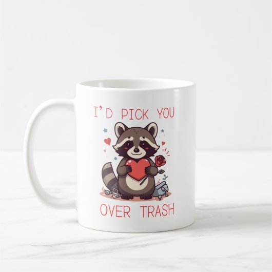 „Ich würde dich über Müll wählen“ Süßer Waschbär-V Kaffeetasse (Links)
