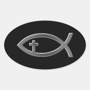 Ichthus - christliches Fisch-Symbol mit Kruzifix Ovaler Aufkleber